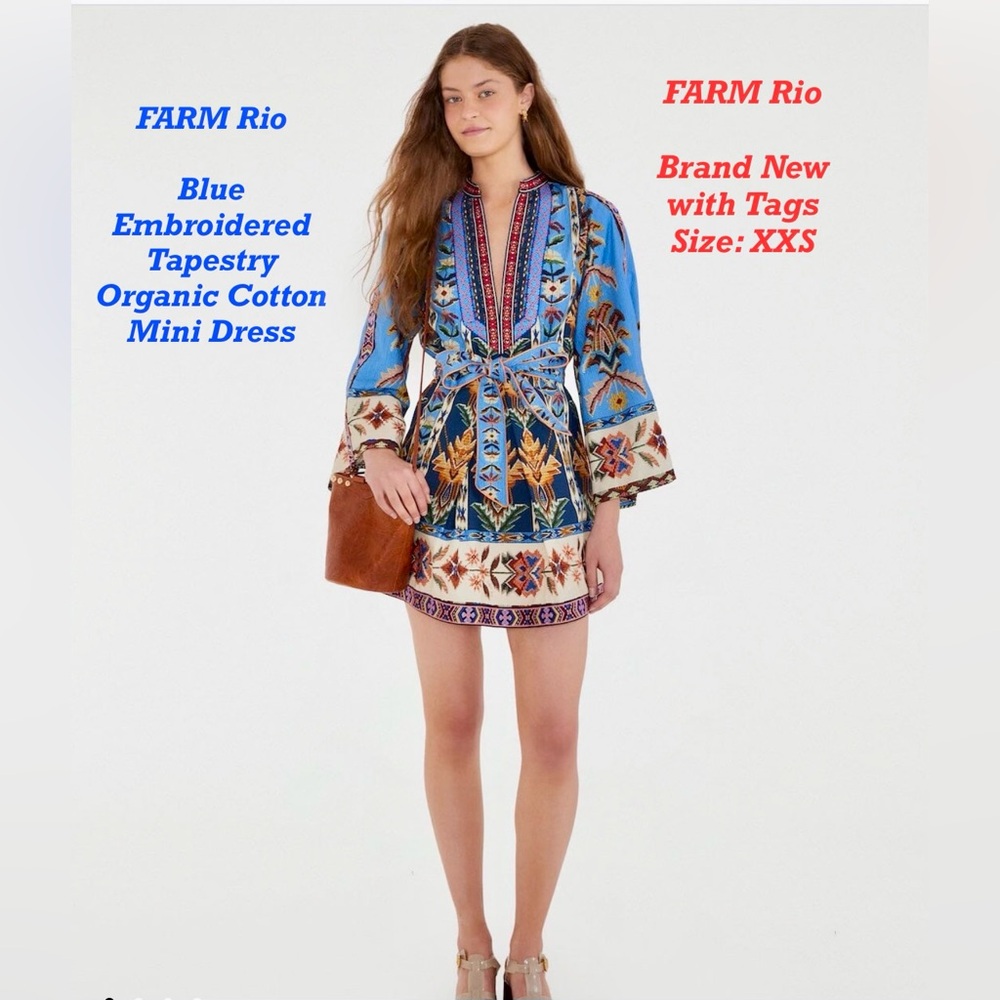 FARM Rio Blue Embroidered Tapestry Organic Cotton Mini Dress